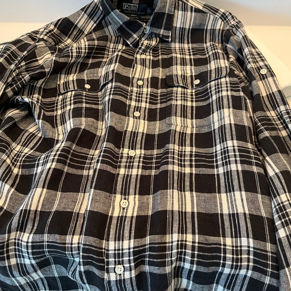 LINEN Black and White Plaid Men's Shirt, Ralph Lauren,
